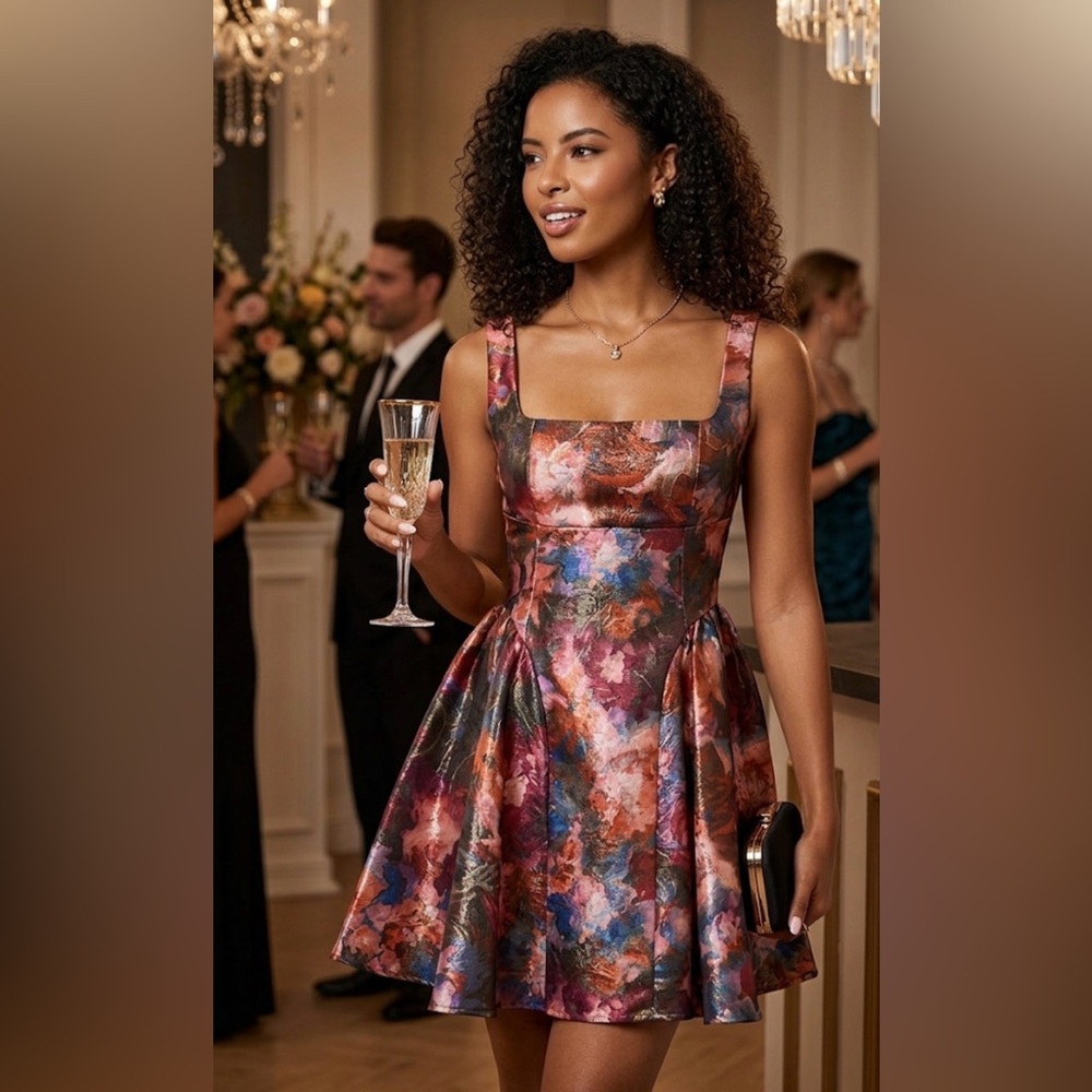 NWT Katia Rae Square-Neck Jacquard Fit & Flare Dress - Olive/Wine, sz Small